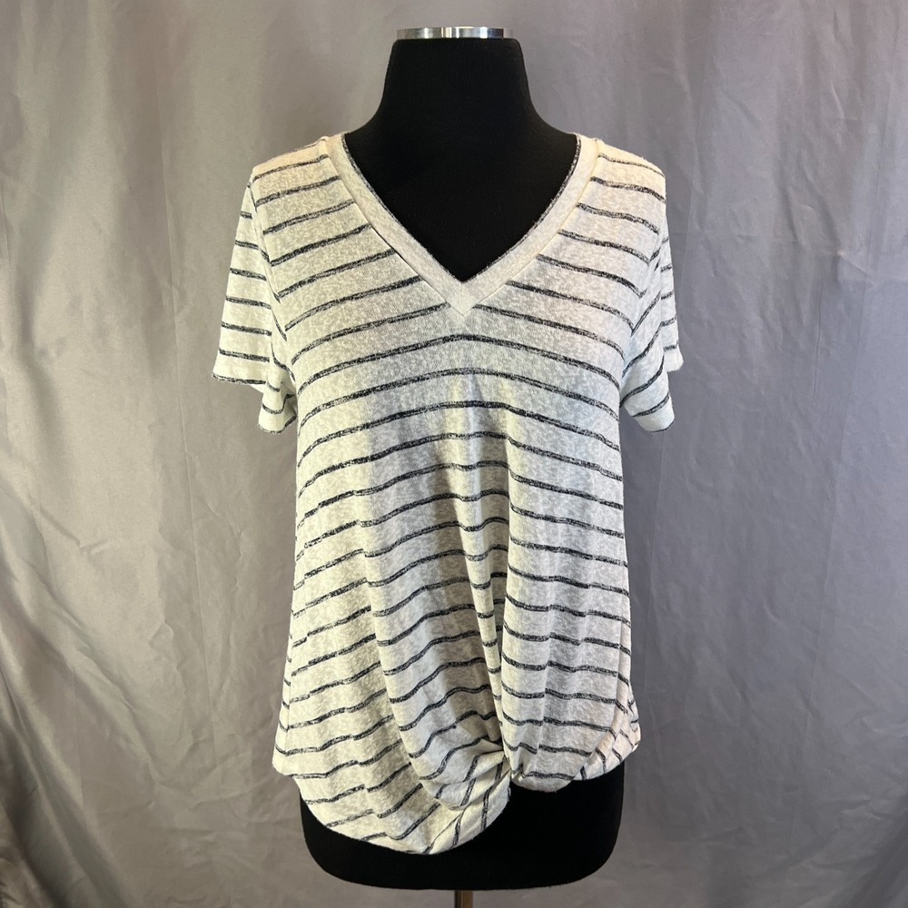 Caslon T Shirt Womens Medium White Black Striped Knotted Twist Hem Short Sleeve